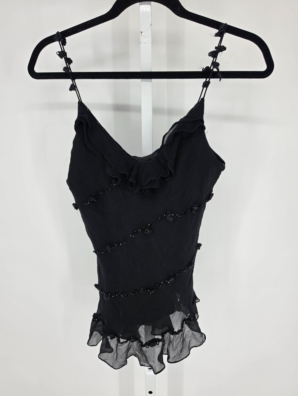 Y2K Mixit Womens Sz L 100% Silk Blouse Black Beaded Fairycore Spaghetti Strap